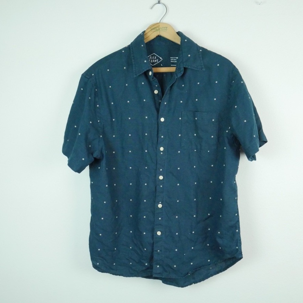 Alex Crane Mens Linen Short Sleeve Button Down Shirt Teal Geometric Square Large